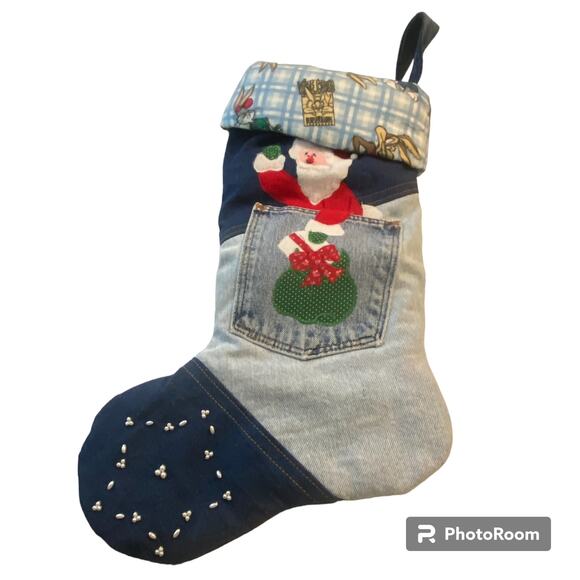 Warner Bros Christmas Stocking Denim Quilted Santa Patchwork Farmhouse Holiday - Picture 1 of 8